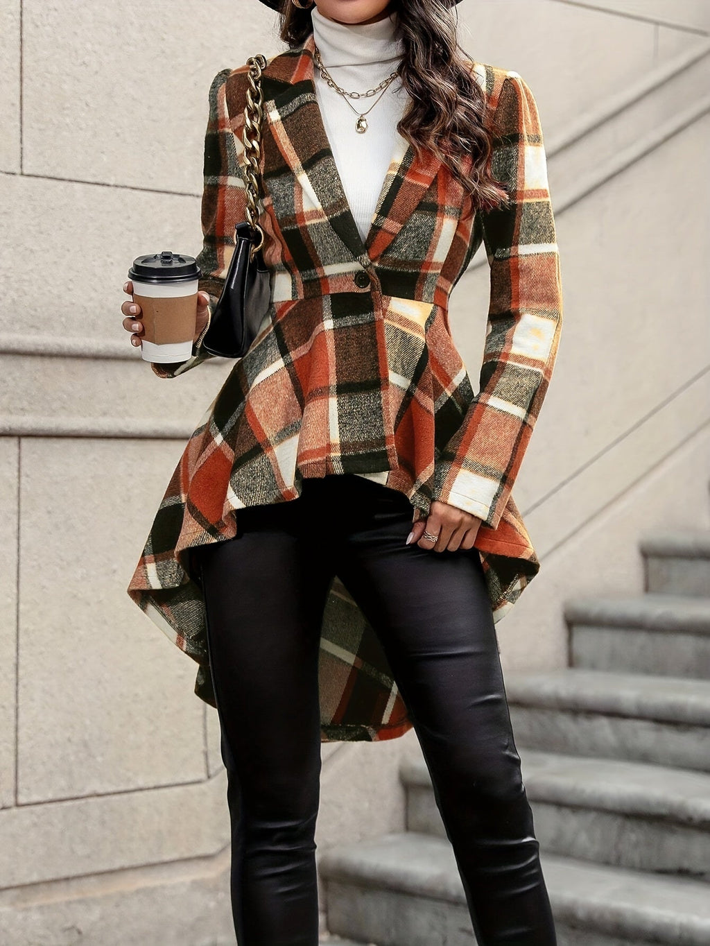 Women's Draped Plaid Open-Front Jacket