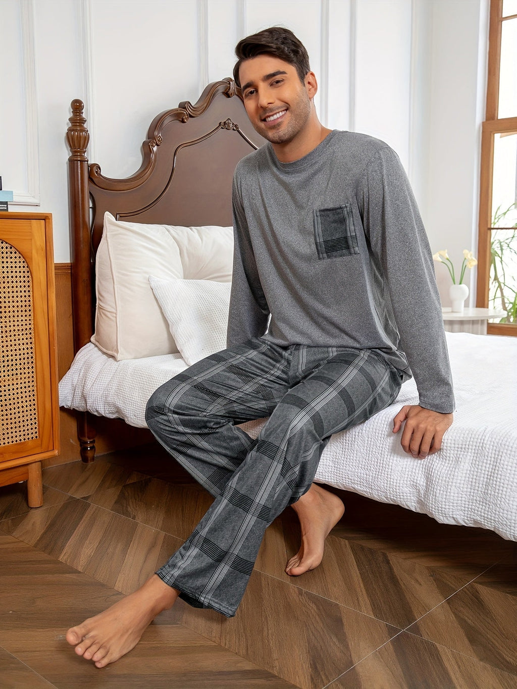 Men's Grey Plaid Lounge Set – Top & Trousers