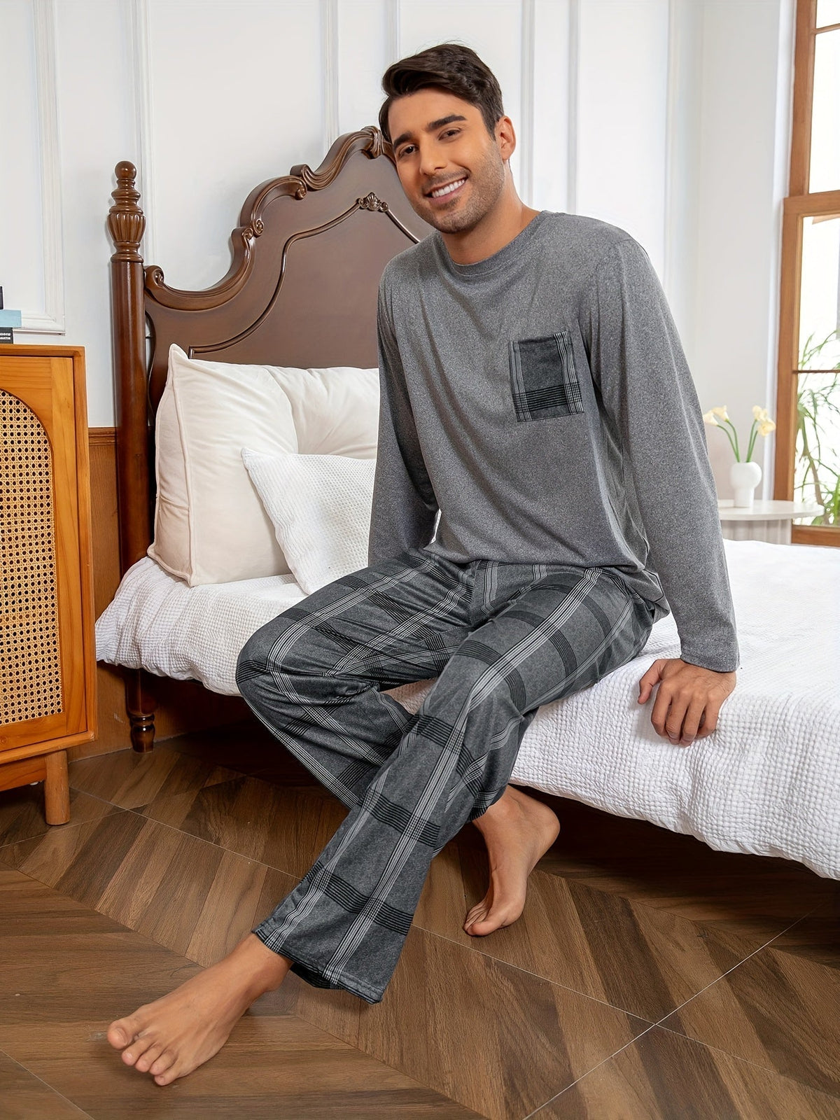 Men's Grey Plaid Lounge Set – Top & Trousers
