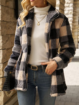 Women's Check Hooded Plush Jacket – Black & Beige – Black & Beige