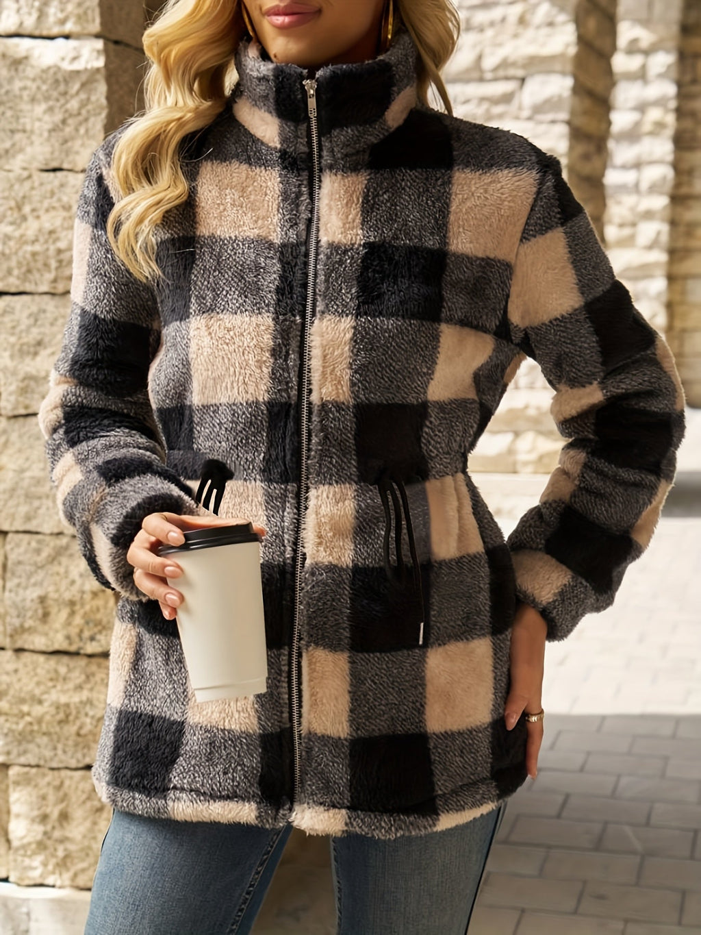 Women's Check Hooded Plush Jacket – Black & Beige