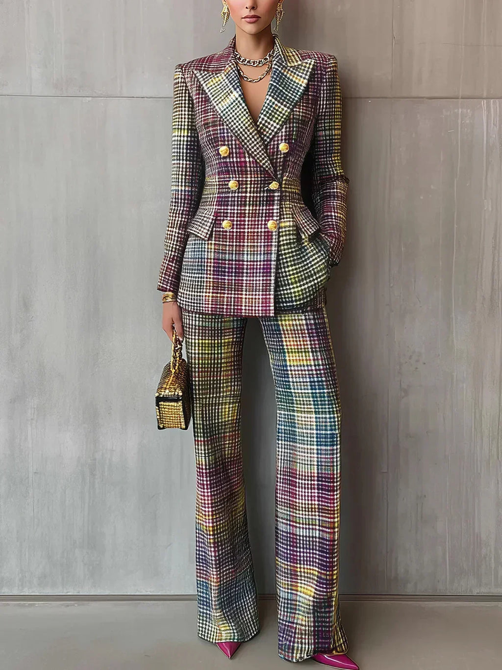 Women's Multicolour V-Neck Trouser Suit – Sculpted Shoulders – Multicolor