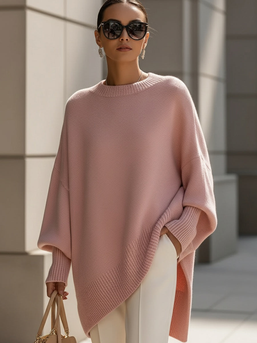 Women's Oversized Wool Jumper – Asymmetric Hem – Pink
