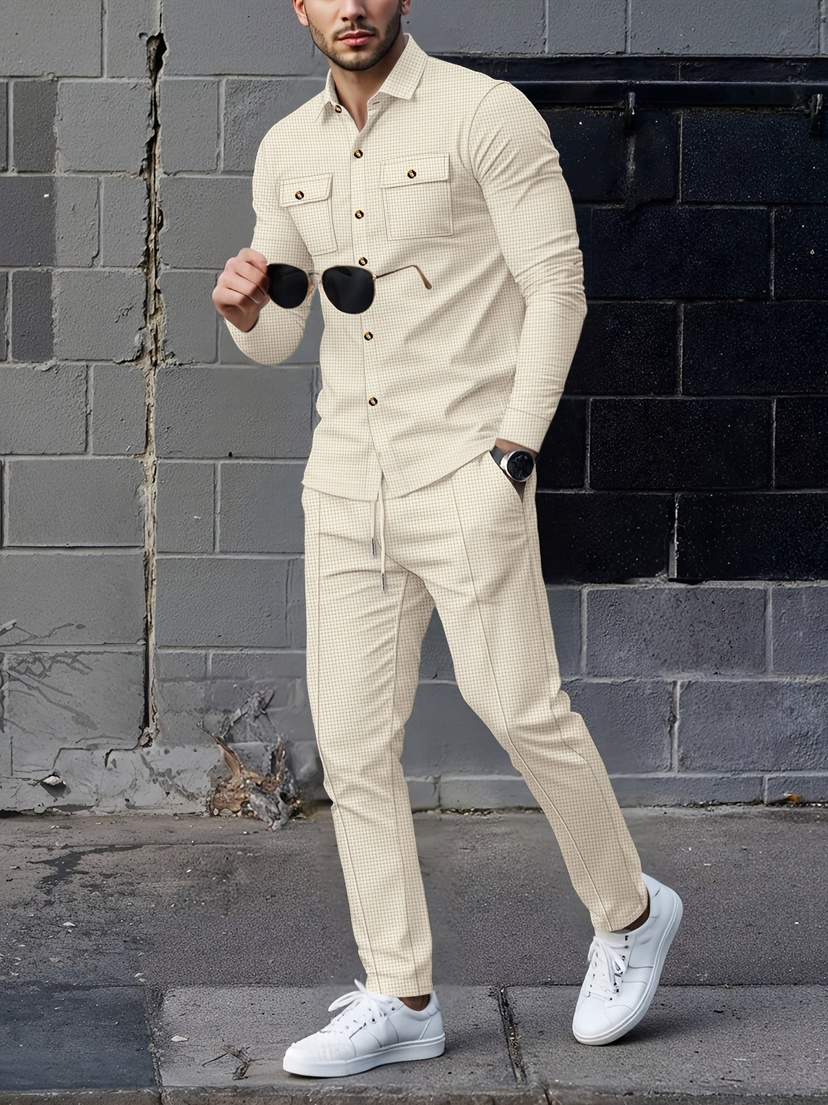 Men's Two-Piece Button-Front Set with Drawstring Trousers