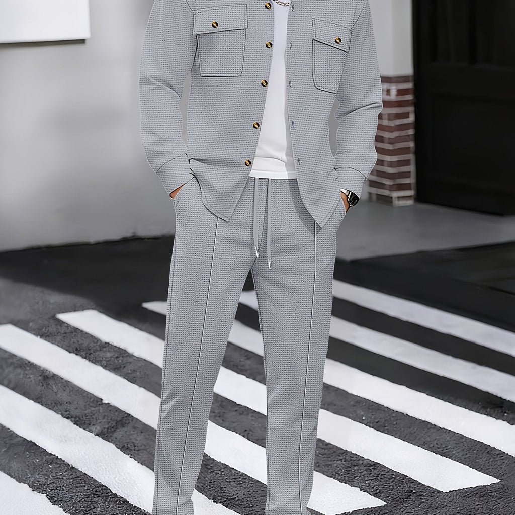 Men's Two-Piece Button-Front Set with Drawstring Trousers – Grey