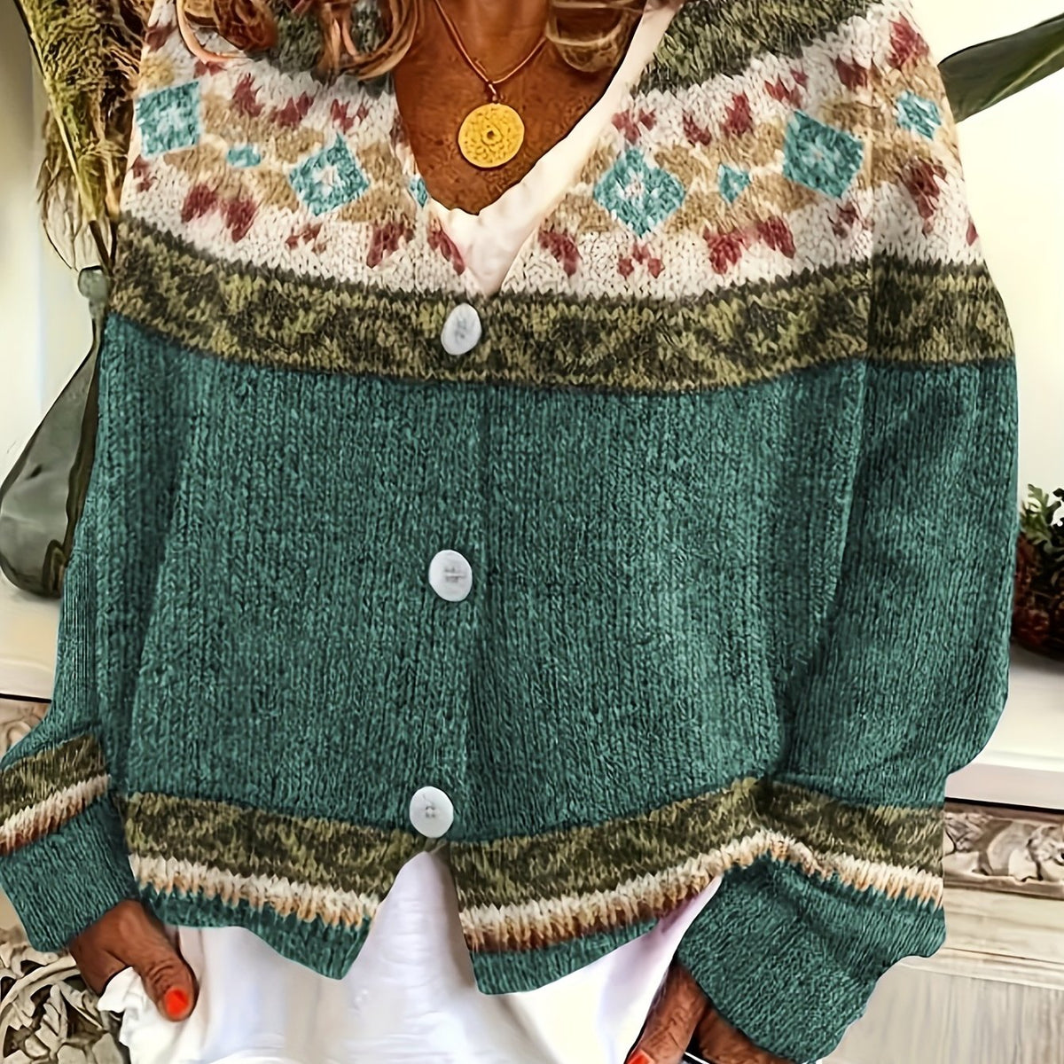 Women's Geometric Pattern Button-Front Cardigan – Green