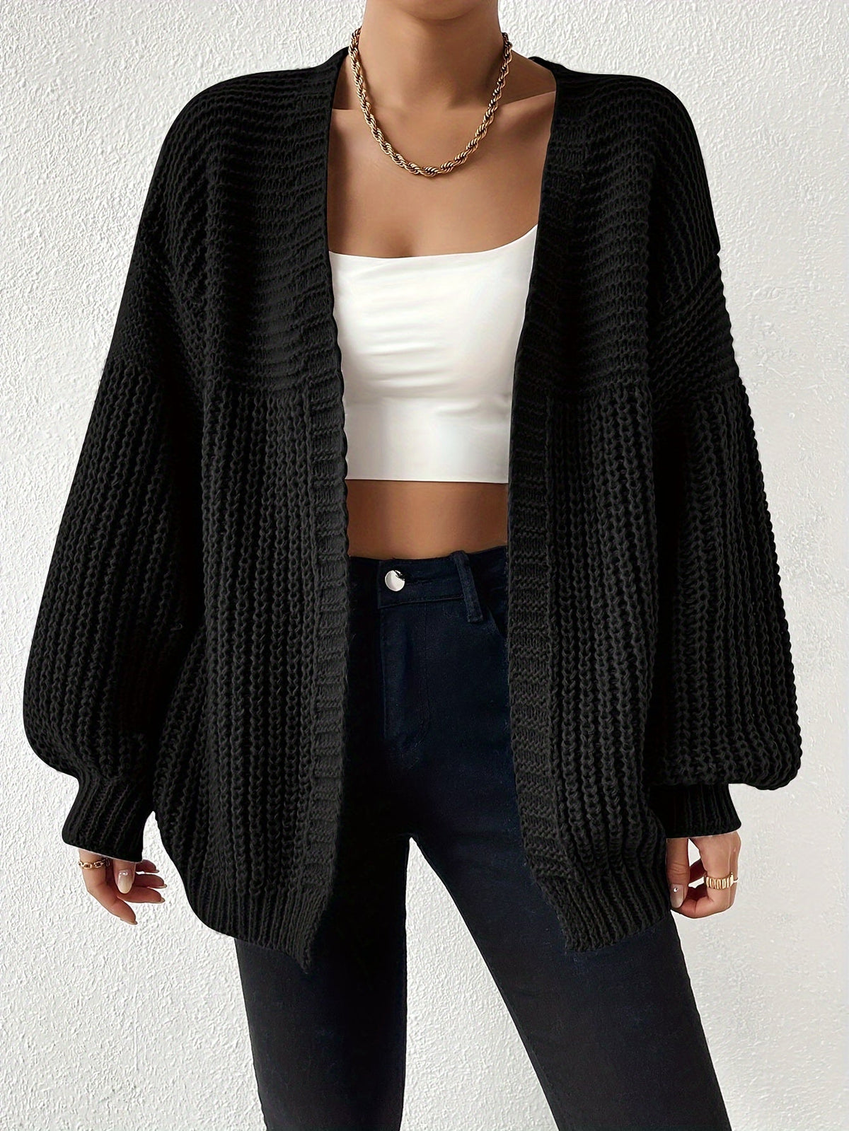 Women's Black Chunky Knit Open-Front Cardigan