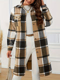 Women's Longline Plaid Coat – Relaxed Fit – Khaki