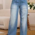 Women's Relaxed Wide-Leg Jeans with Drawstring – Light Blue