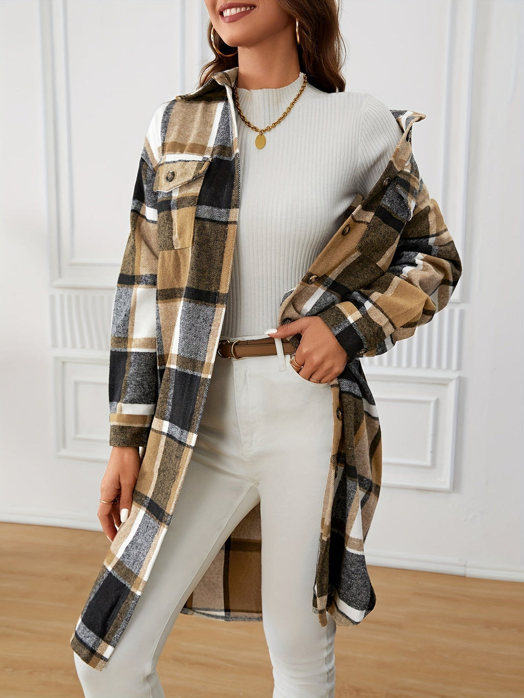 Women's Longline Plaid Coat – Relaxed Fit