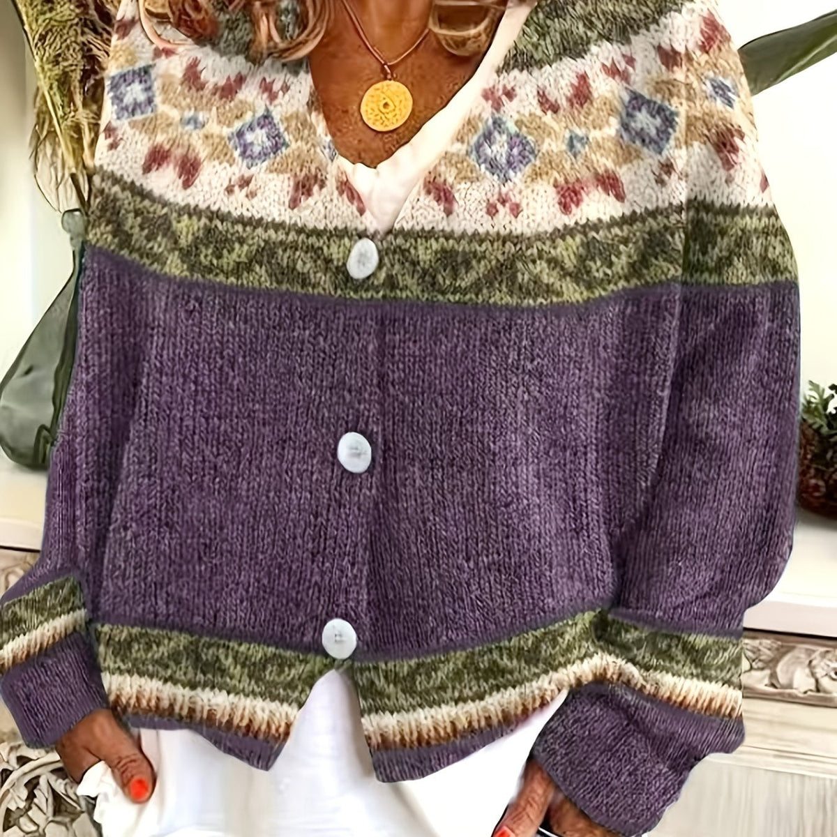 Women's Geometric Pattern Button-Front Cardigan – Deep Purple