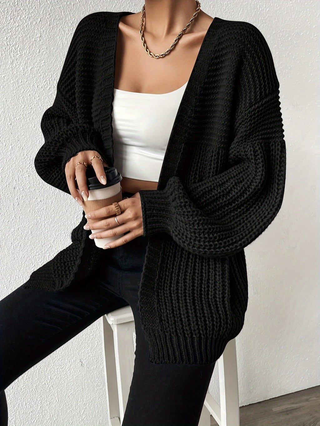 Women's Black Chunky Knit Open-Front Cardigan