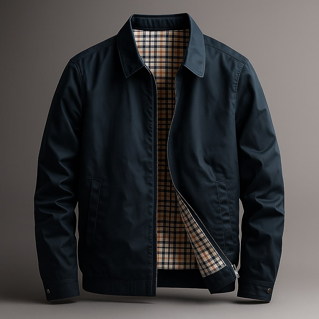 Men's Cotton Zip Jacket with Check Lining – Navy Blue