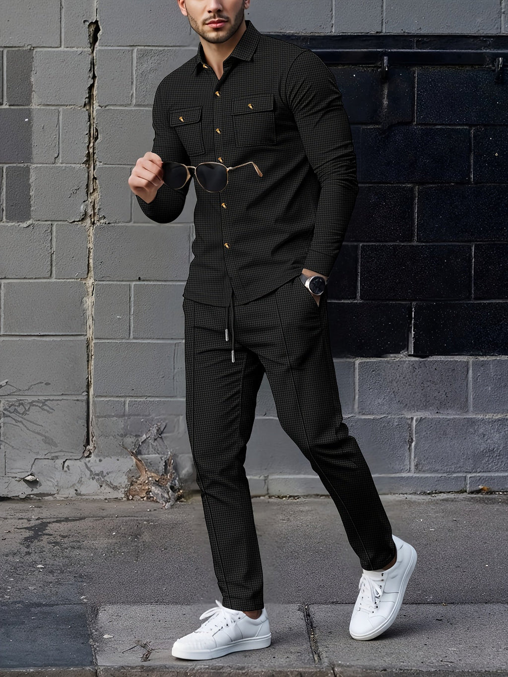 Men's Two-Piece Button-Front Set with Drawstring Trousers