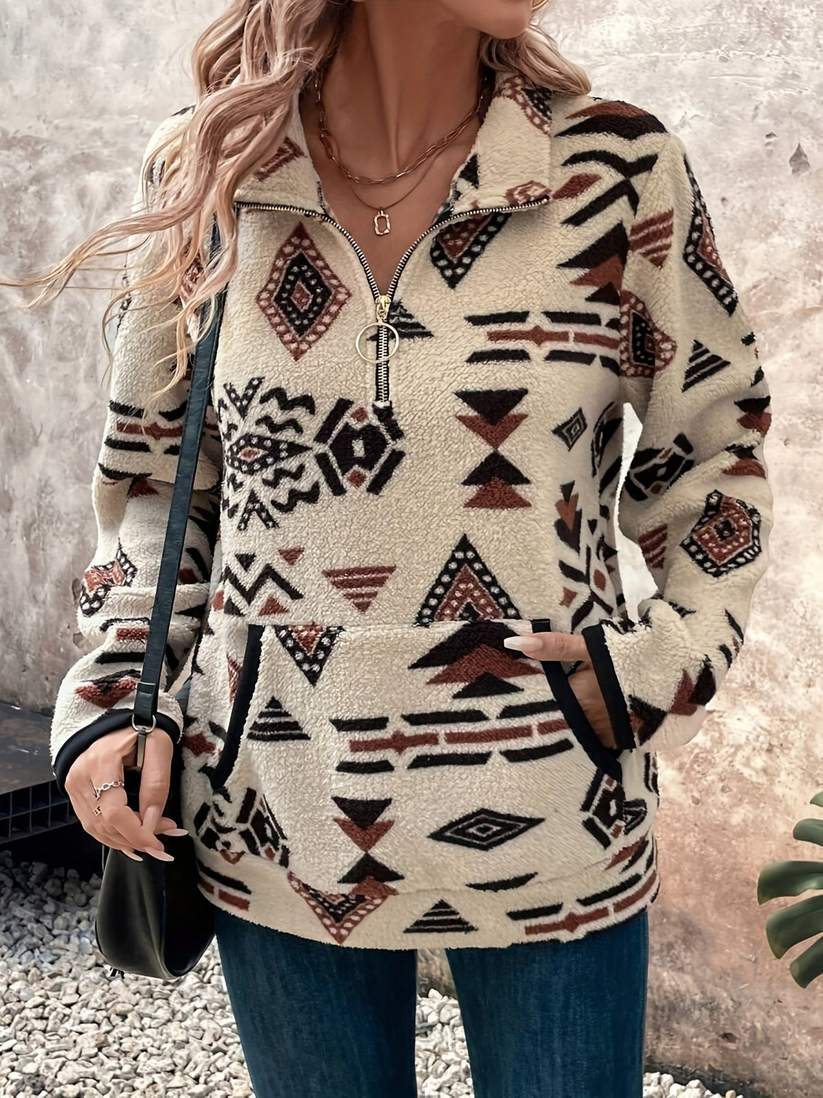 Women's Aztec Print Quarter-Zip Plush Pullover
