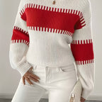 Women's Colour Block Striped Jumper – Drop Shoulder – White and Red