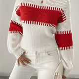 Women's Colour Block Striped Jumper – Drop Shoulder – White and Red