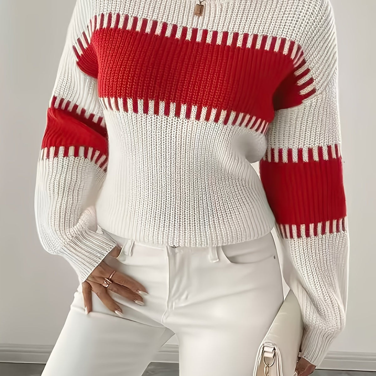 Women's Colour Block Striped Jumper – Drop Shoulder – White and Red