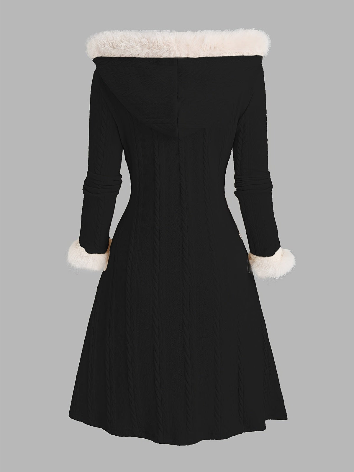 Women's Black Fur-Trimmed Hooded Longline Coat