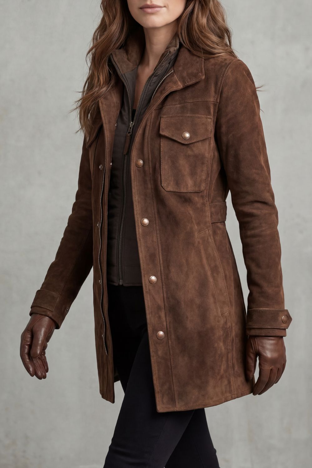 Women's Brown Longline Suede Coat