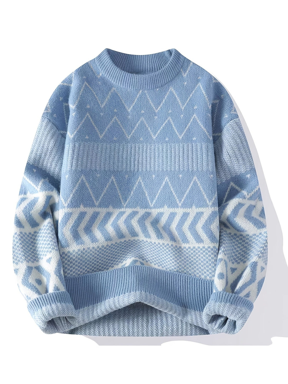 Men's Sky Blue Patterned Crew Neck Jumper