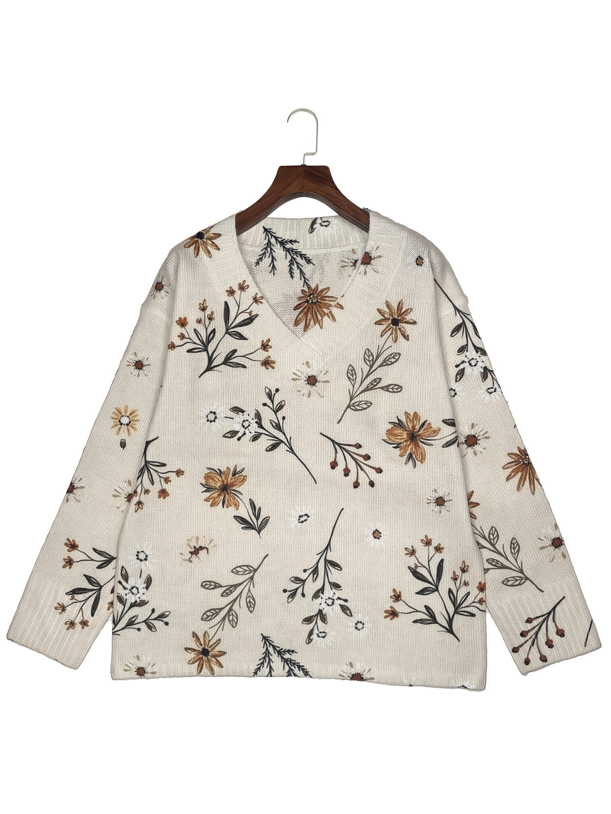 Women's Floral V-Neck Jumper – Cream & Brown