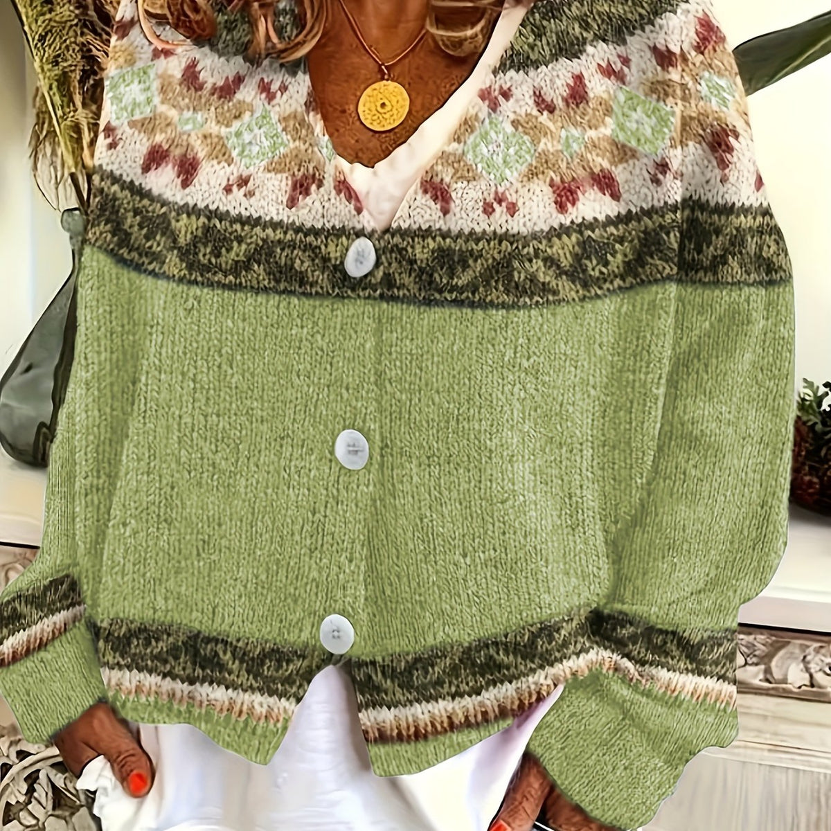 Women's Geometric Pattern Button-Front Cardigan – Light Green