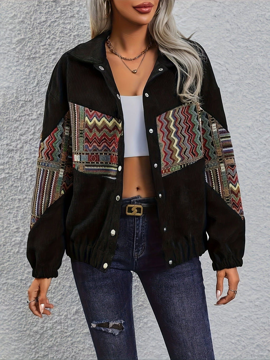 Women's Black Patchwork Lapel Jacket