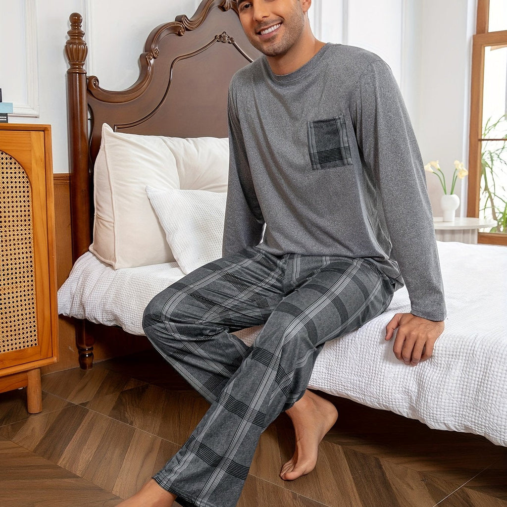 Men's Grey Plaid Lounge Set – Top & Trousers – Grey