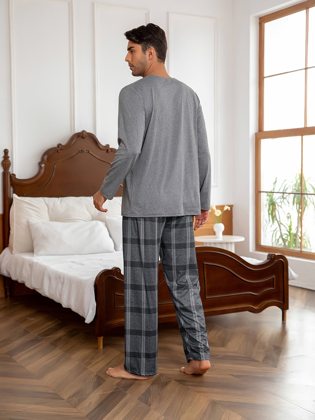 Men's Grey Plaid Lounge Set – Top & Trousers