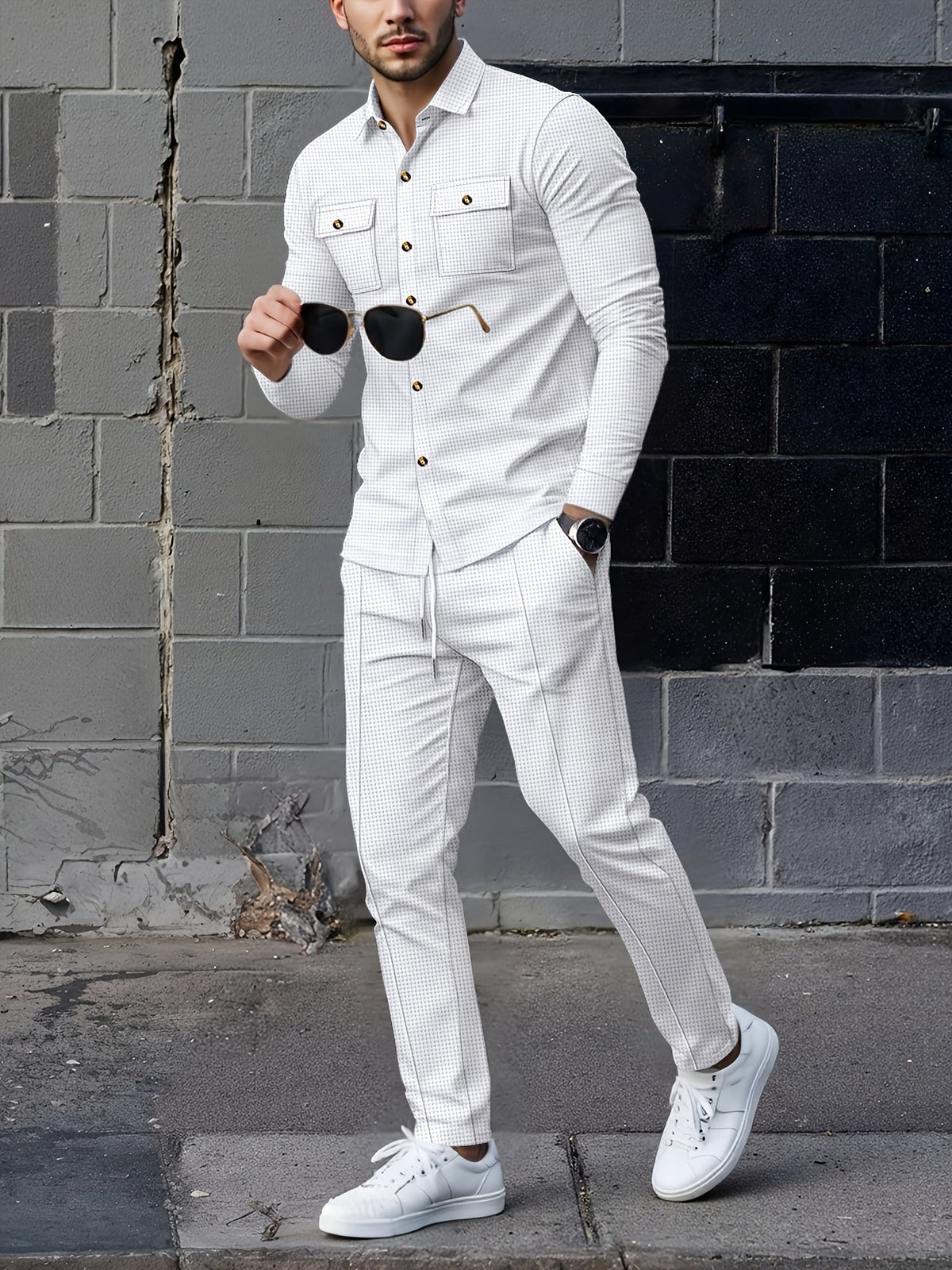 Men's Two-Piece Button-Front Set with Drawstring Trousers