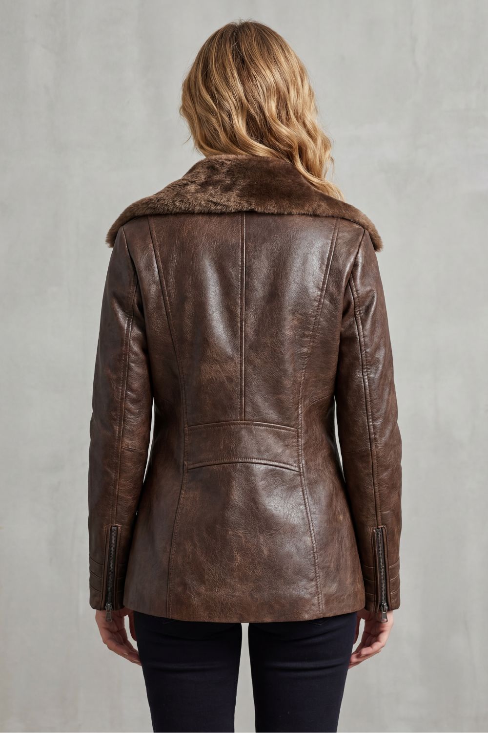 Women's Brown Leather Biker Jacket with Shearling Lining