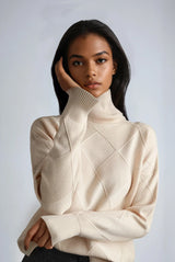 Women's Diamond Knit Roll Neck Jumper – Beige