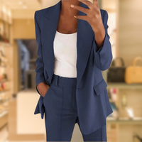 Women's Tailored Two-Piece Set – Office & Casual – Dark Blue