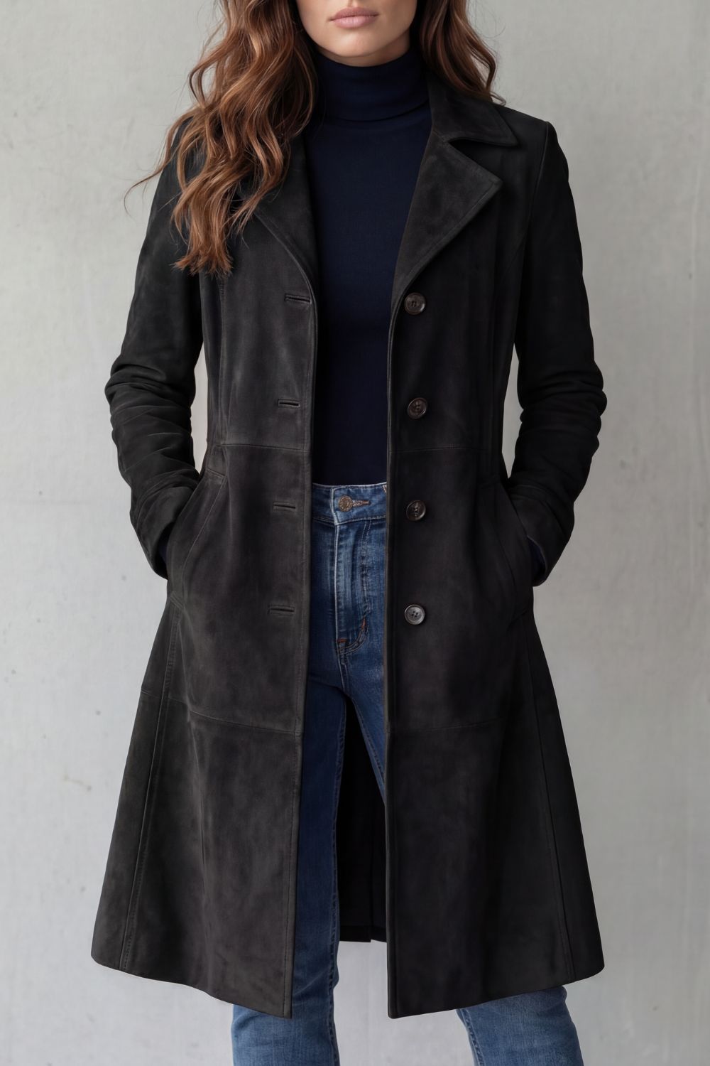 Women's Longline Vintage Suede-Finish Coat – Black