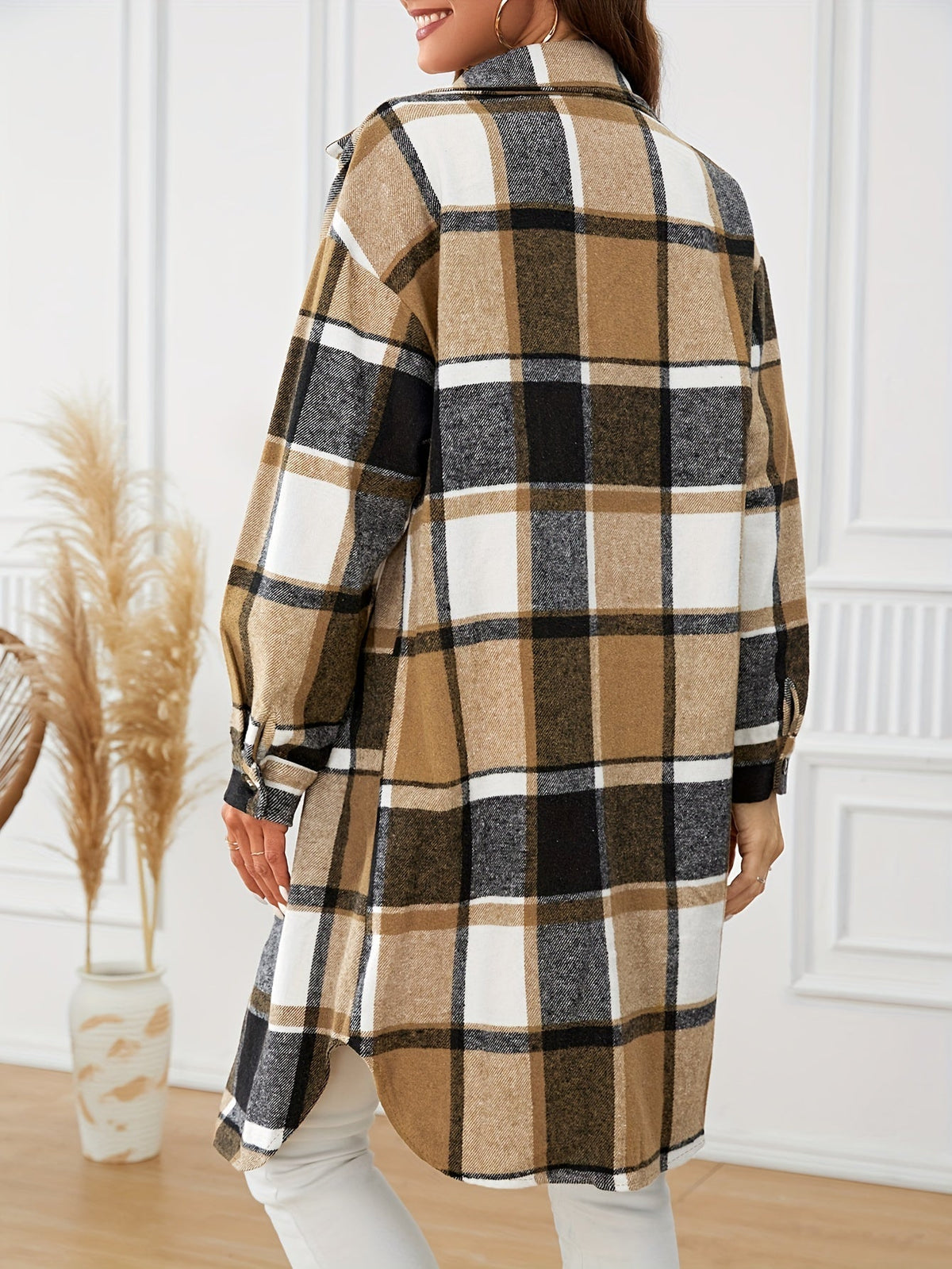 Women's Longline Plaid Coat – Relaxed Fit