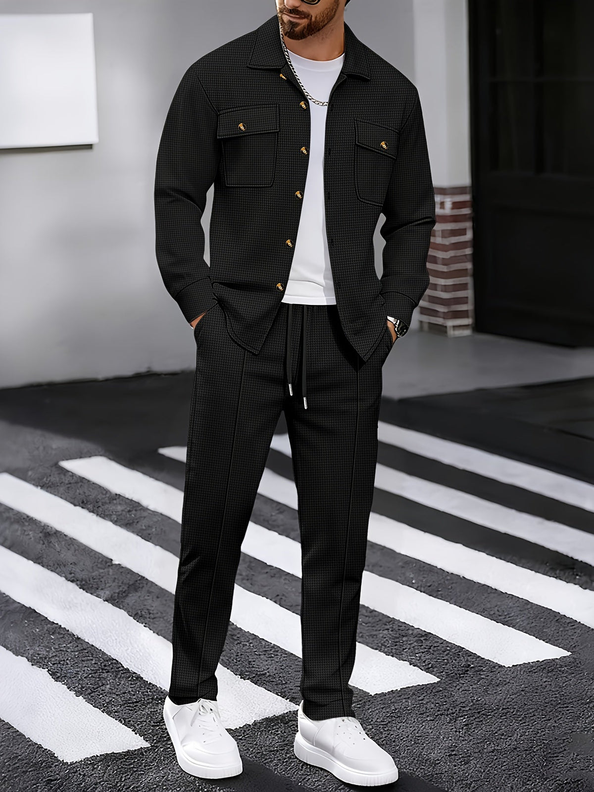 Men's Two-Piece Button-Front Set with Drawstring Trousers