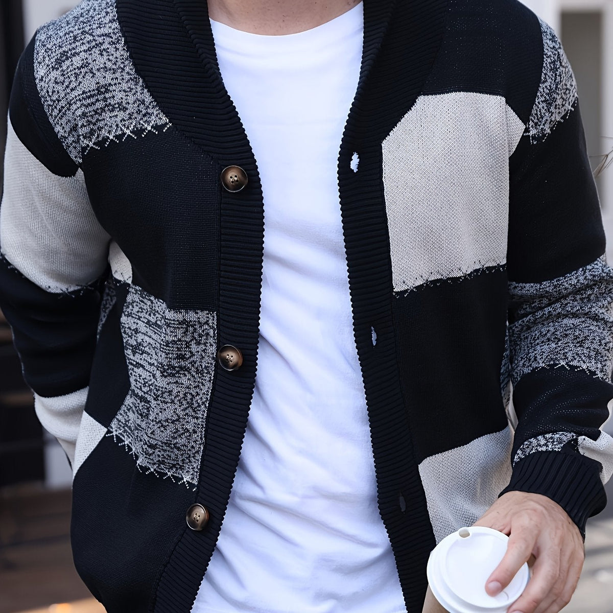 Men's Black & White Colour Block Cardigan – Black and White