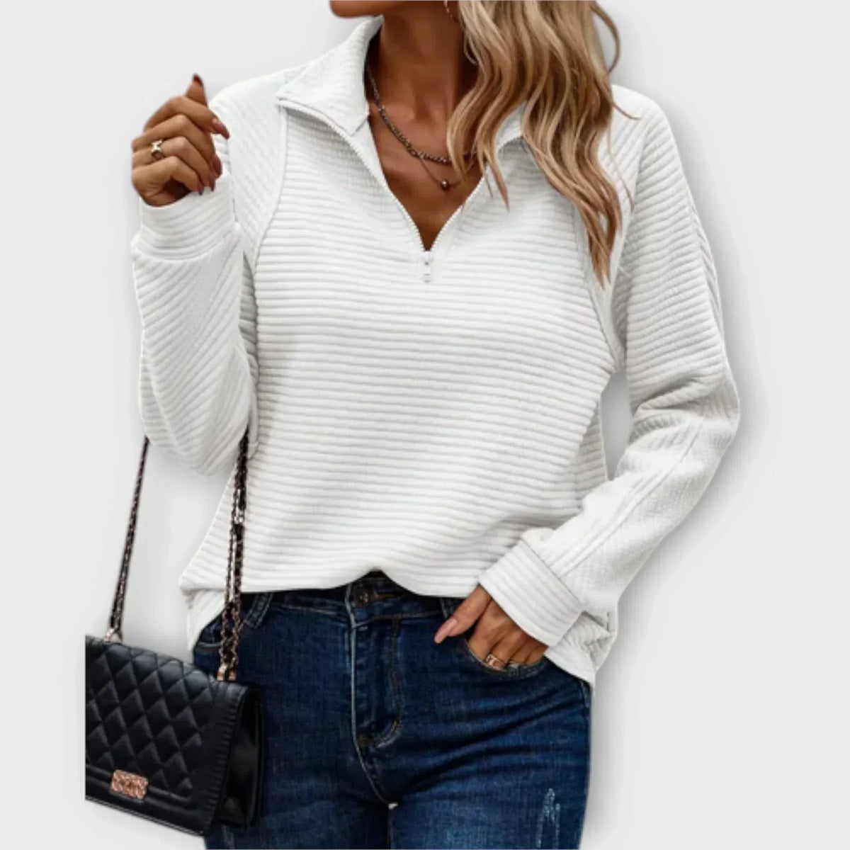 Women's V-Neck Half-Zip Jumper – White