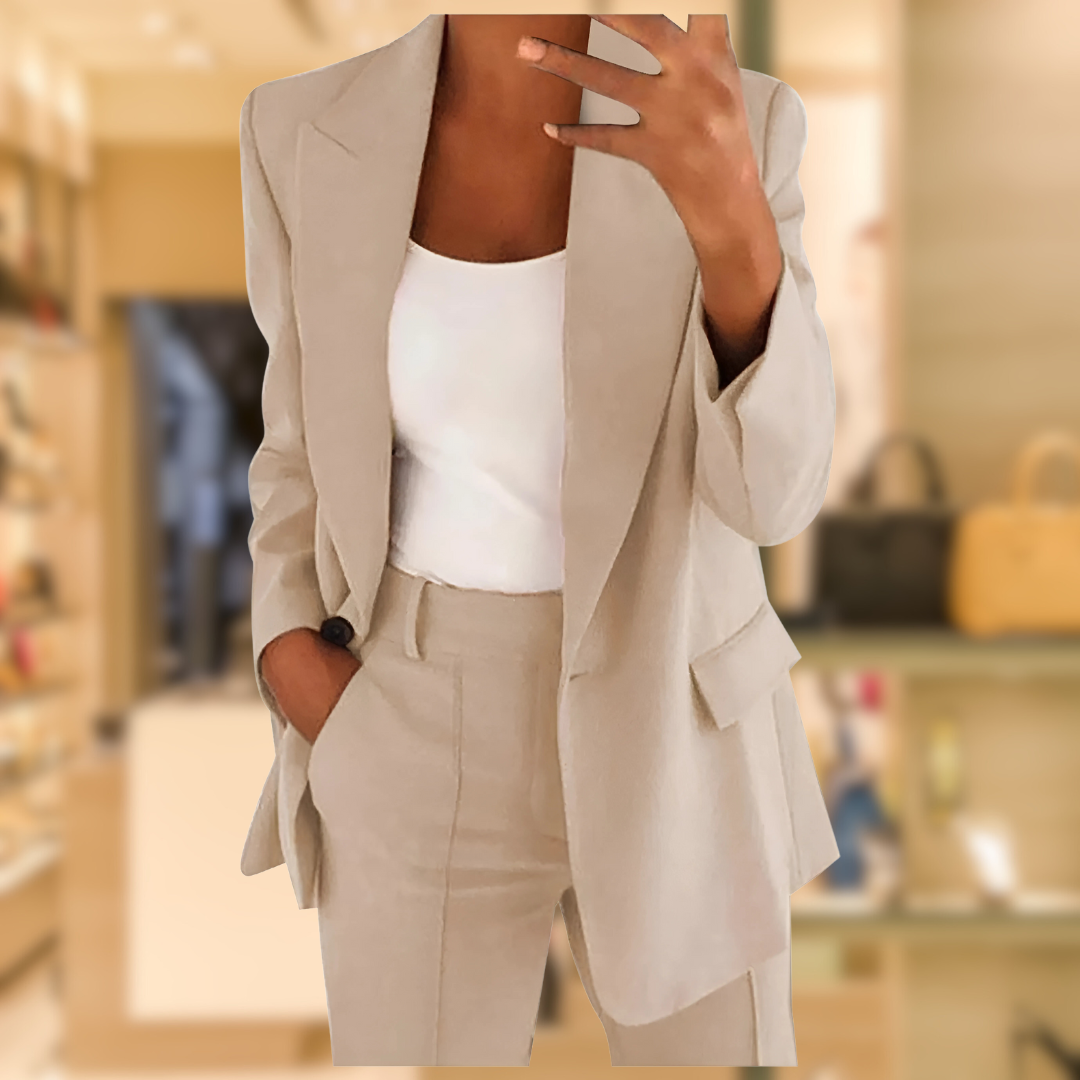 Women's Tailored Two-Piece Set – Office & Casual – Beige