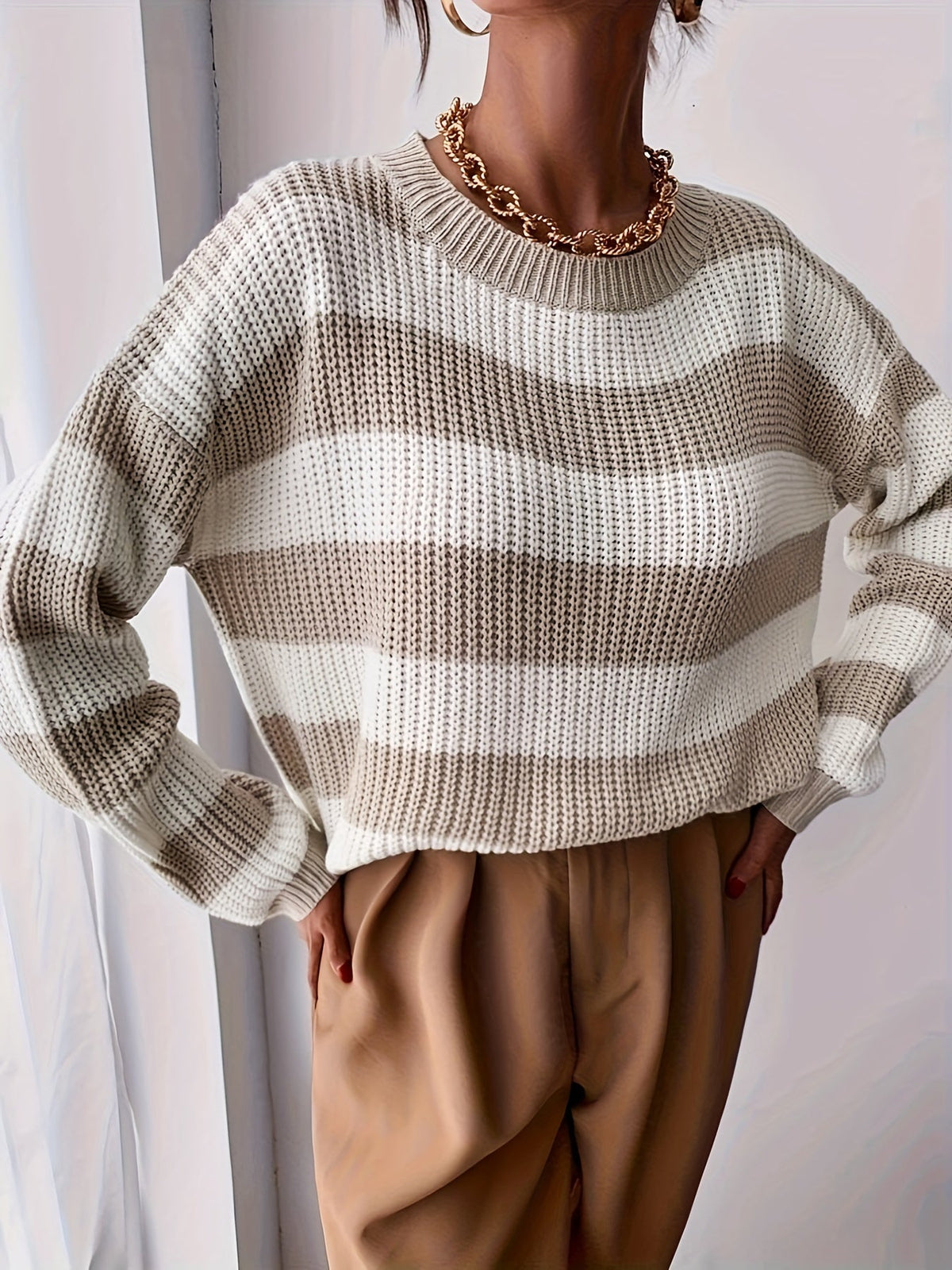 Women's Relaxed Striped Jumper – Drop Shoulder – Khaki White