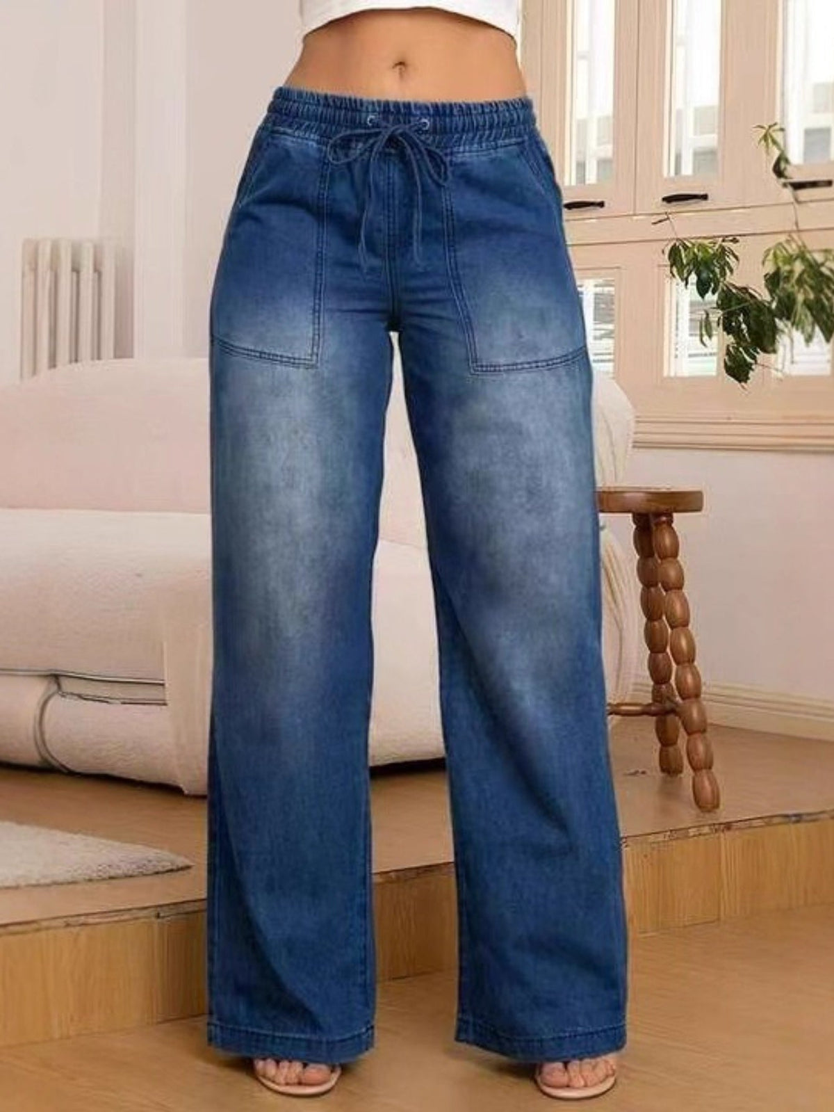 Women's Relaxed Wide-Leg Jeans with Drawstring