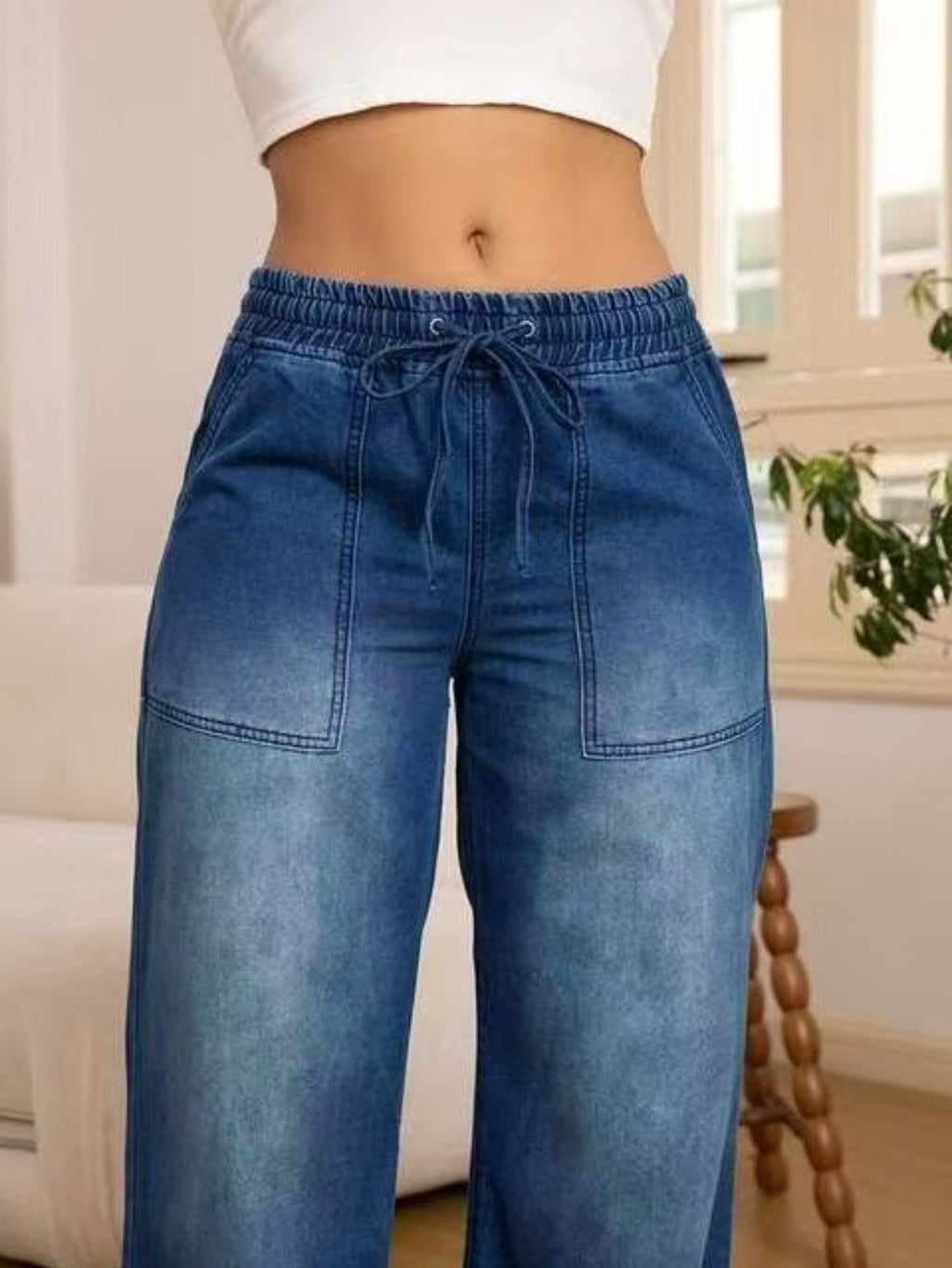 Women's Relaxed Wide-Leg Jeans with Drawstring