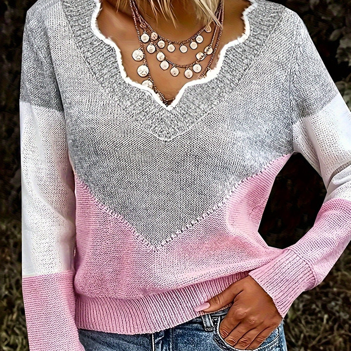 Women's V-Neck Colour Block Jumper – Pink
