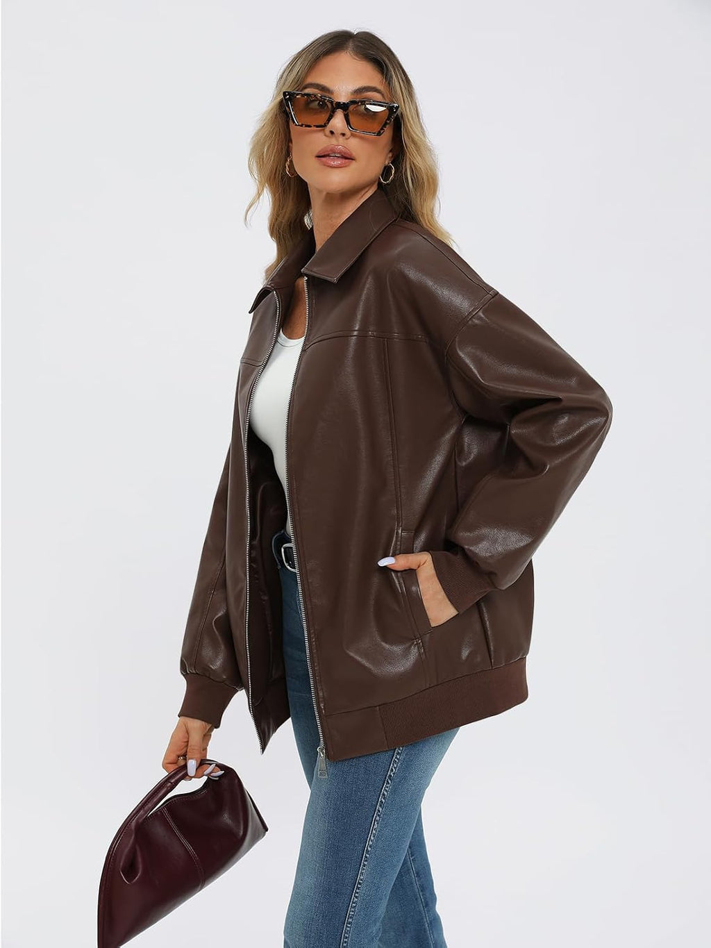 Oversized Faux Leather Bomber Jacket for Women – Casual Wear, Everyday Style