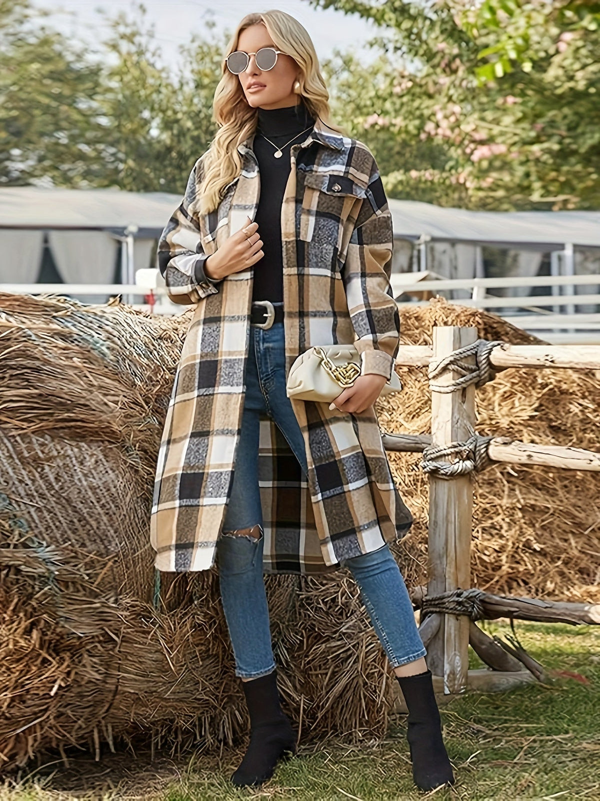 Women's Longline Plaid Coat – Relaxed Fit