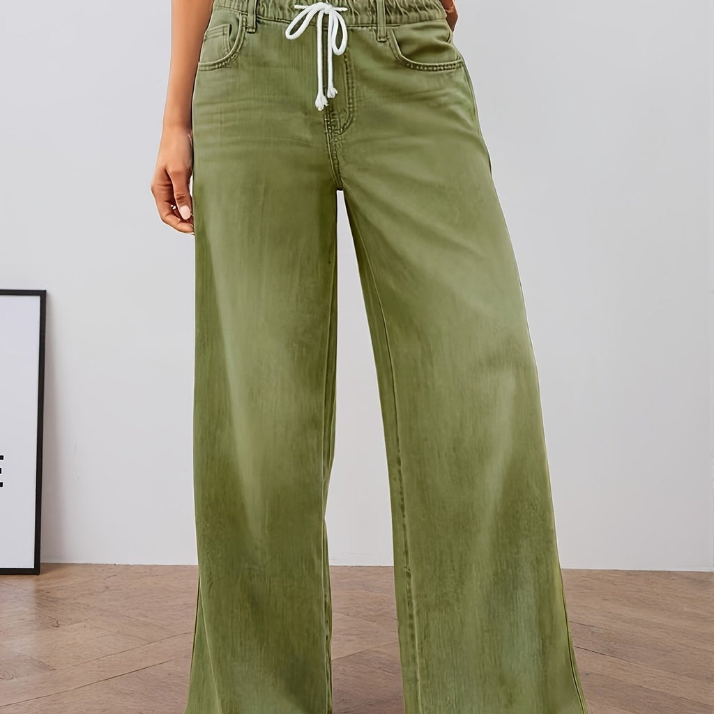 Women's High-Waisted Wide-Leg Stretch Trousers – Olive Green
