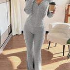 Women's Ribbed Zip-Up Lounge Set with Flared Trousers – Grey