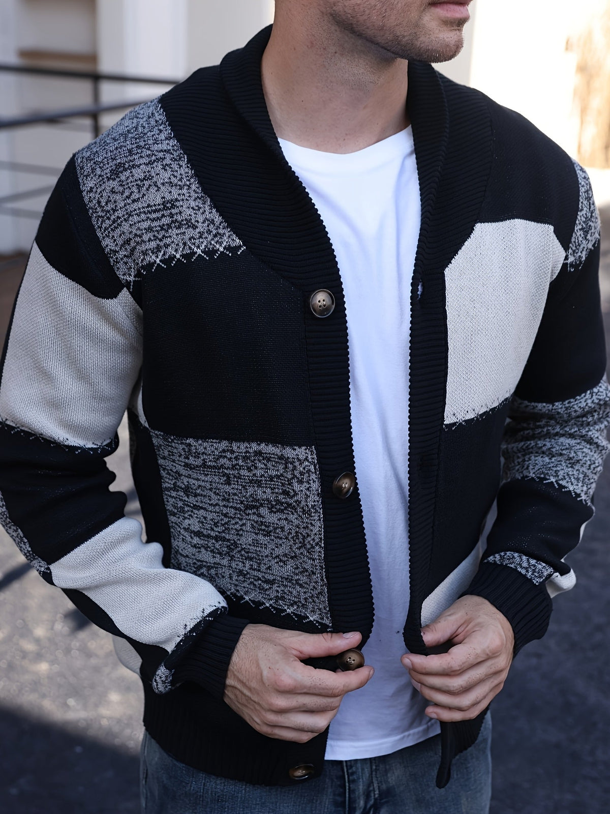 Men's Black & White Colour Block Cardigan