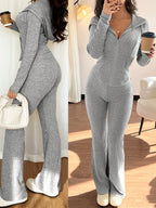 Women's Ribbed Zip-Up Lounge Set with Flared Trousers
